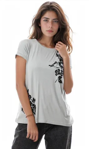 57181 Black Printing Casual Round Loose Grey Tee