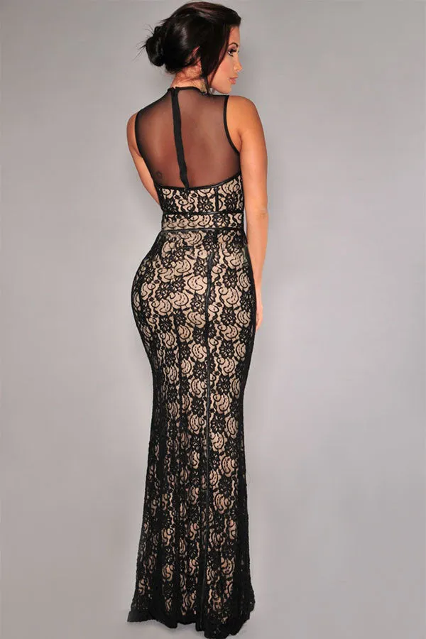 Black Illusion Mesh Gown Dress