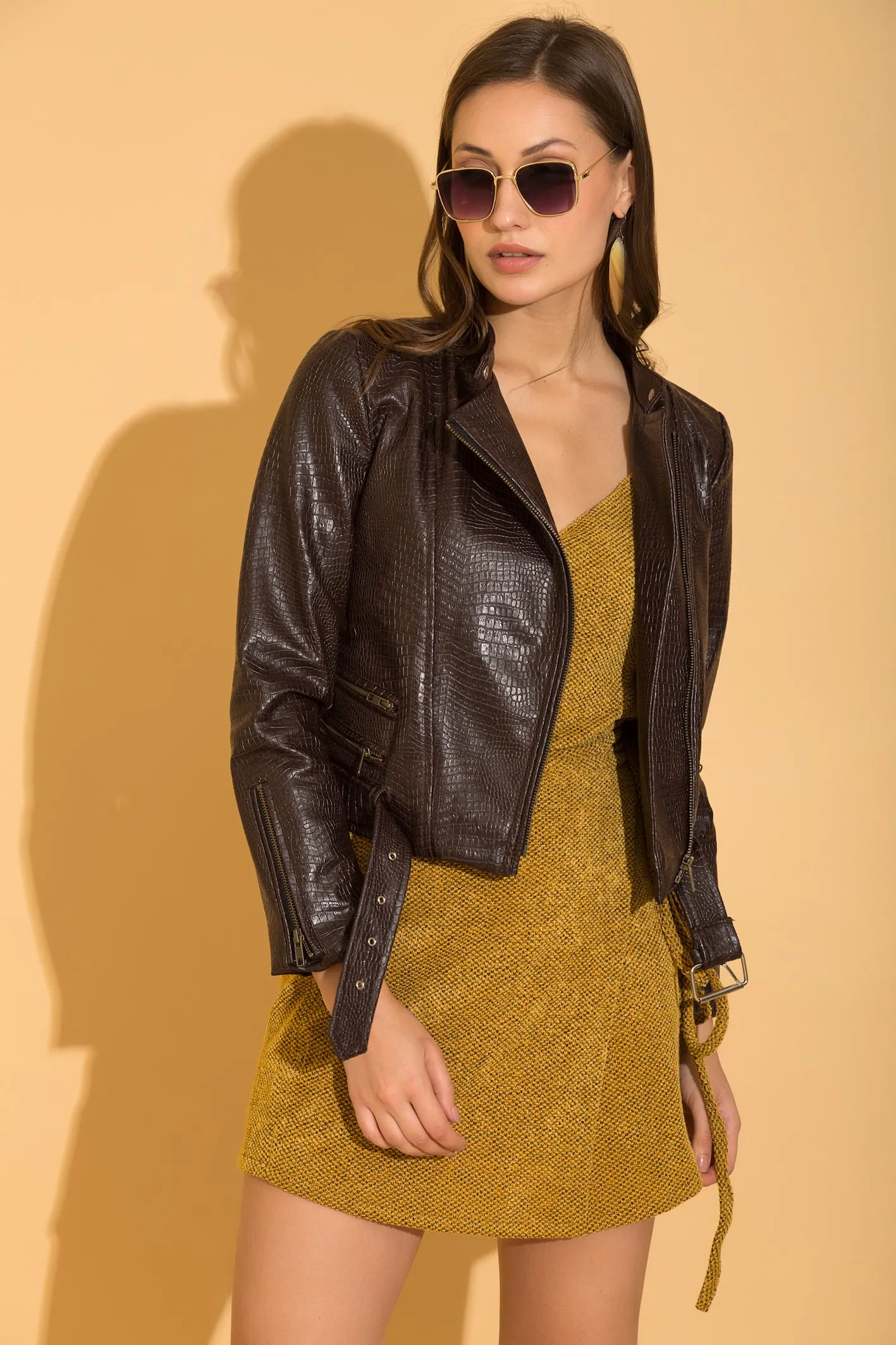 Brown Croc Leather Biker Jacket