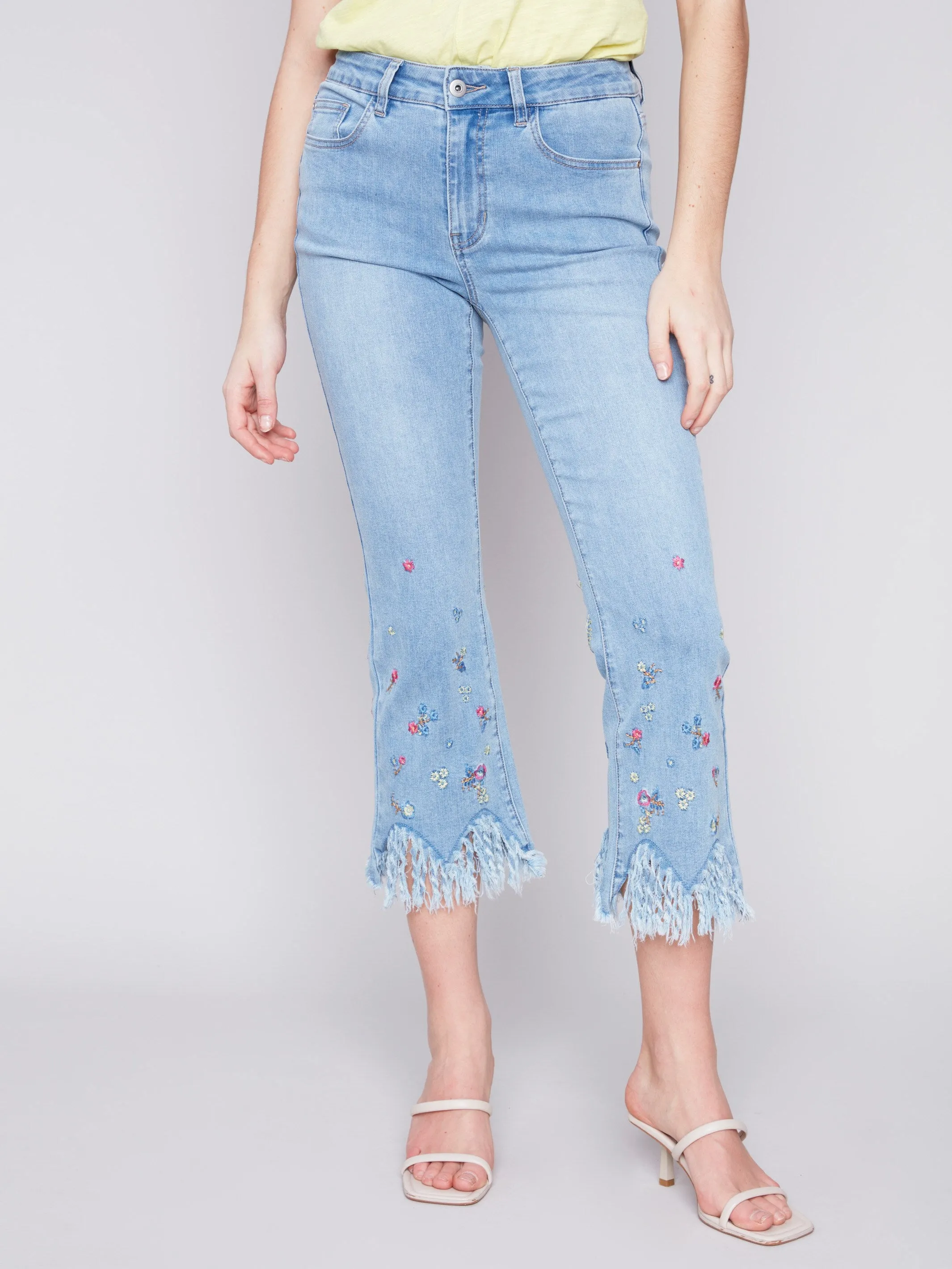 Cropped Jeans with Embroidered Fringed Hem - Light Blue