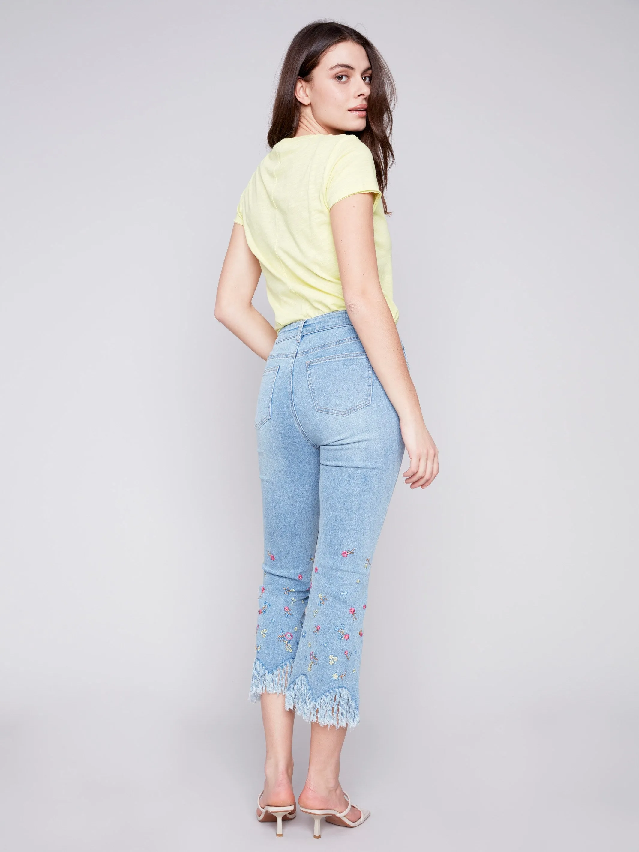 Cropped Jeans with Embroidered Fringed Hem - Light Blue