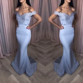 elegant formal wear off the shoulder silver lace applique beaded mermaid evening dresses long 2021