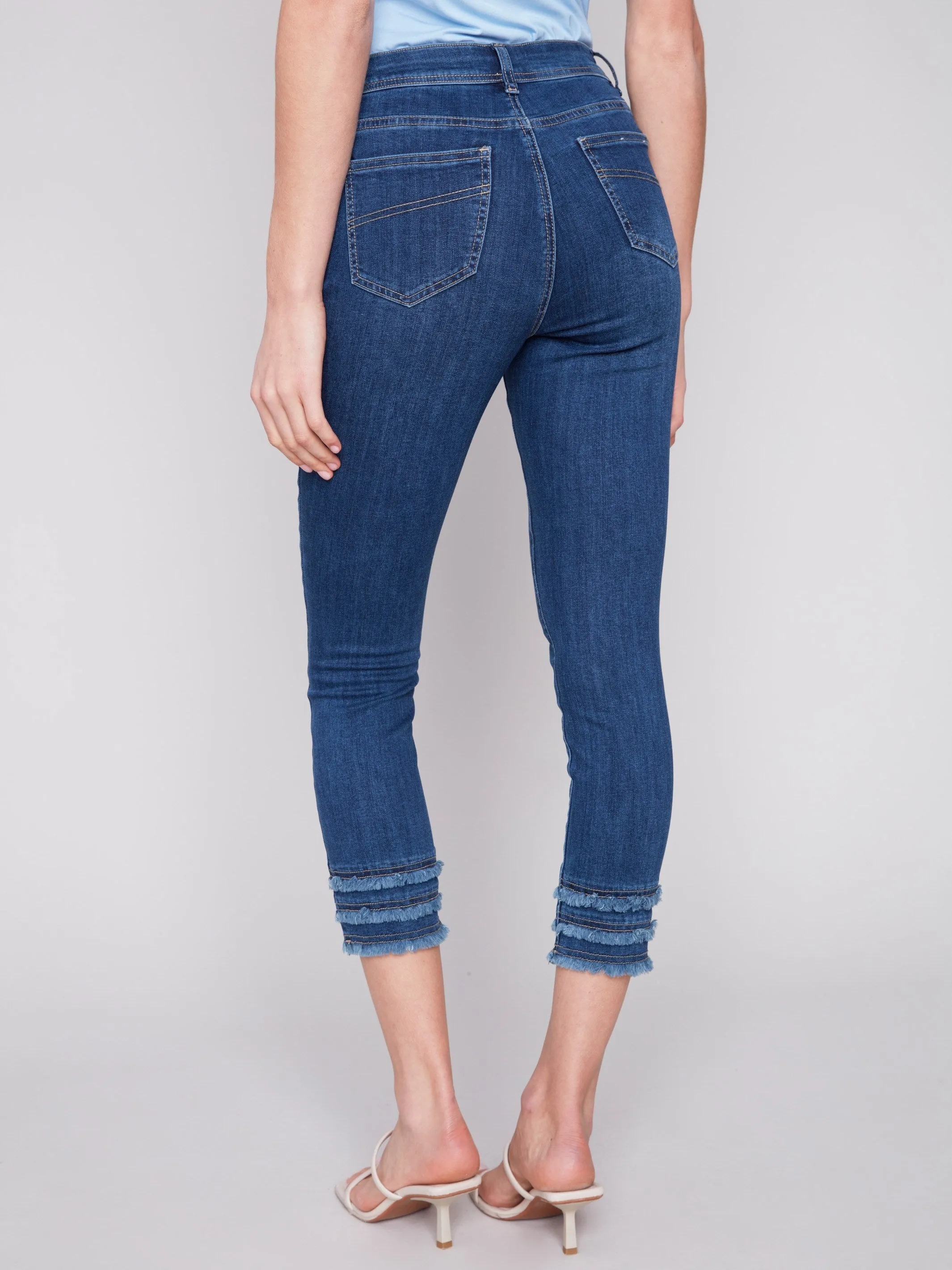 Frayed Hem Cropped Denim Pants - Indigo