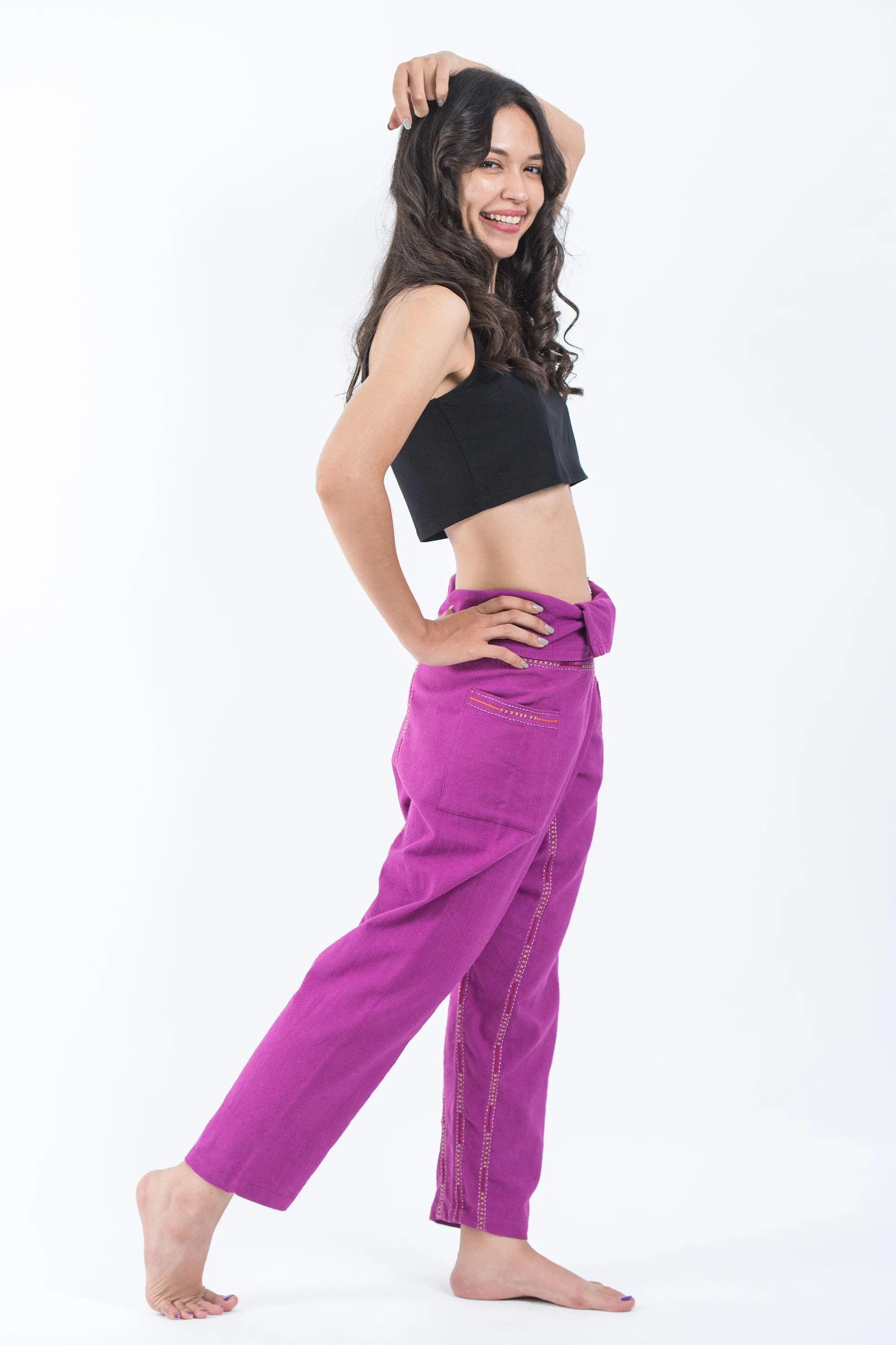 Hand Embroidered Women's Slim Cut Fisherman Pants in Purple