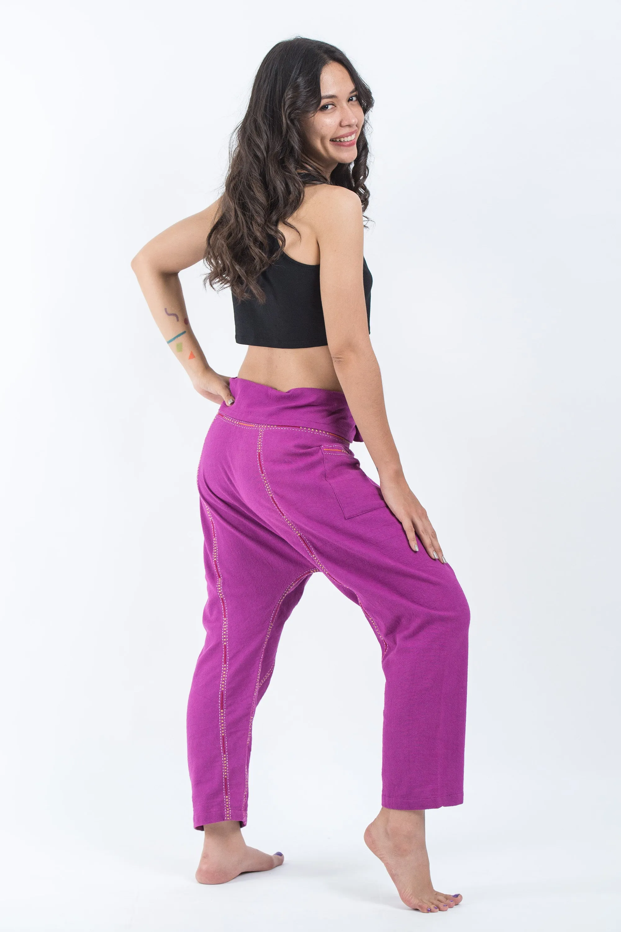 Hand Embroidered Women's Slim Cut Fisherman Pants in Purple