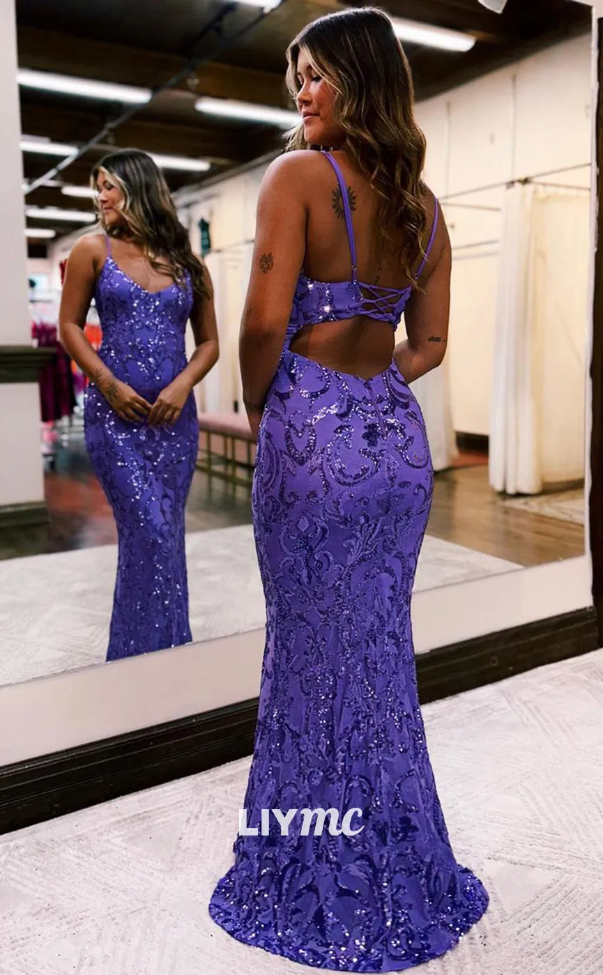 LP1039 - Spaghetti Straps Sequins Lace Mermaid Formal Prom Dress with Slit