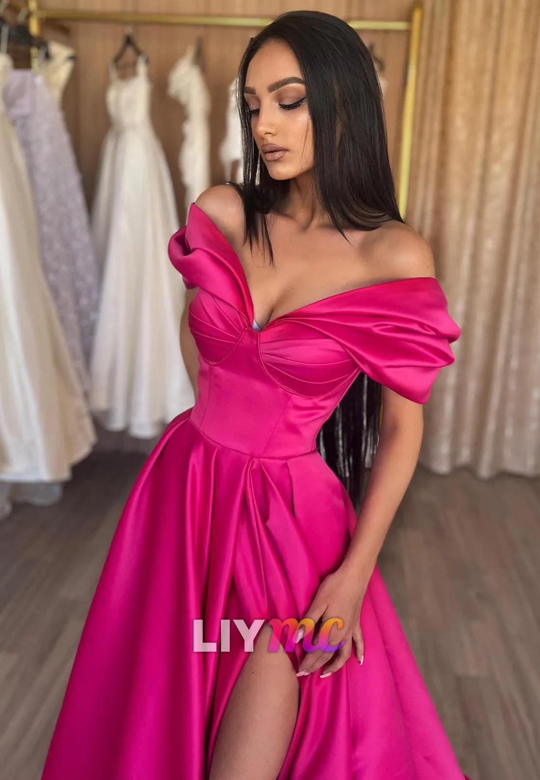 LP105 - A Line Off Shoulder Satin Pink Long Prom Formal Dress with Slit