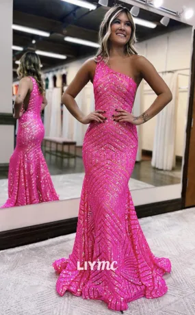 LP1082 - One Shoulder Fully Sequins Mermaid Long Formal Prom Dress