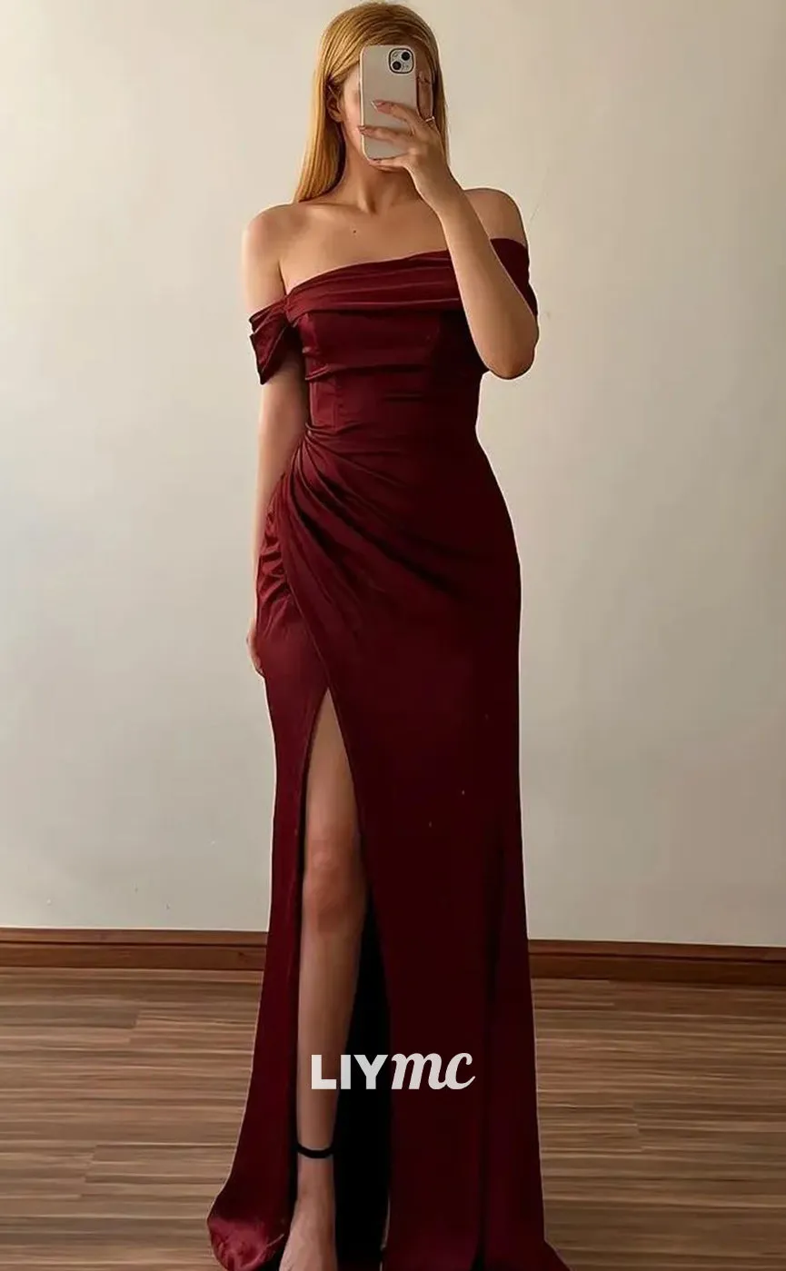 LP1380 - Off-Shoulder Strapless Sleek Pleated Dreped Side Slit Satin Sexy Prom Dress