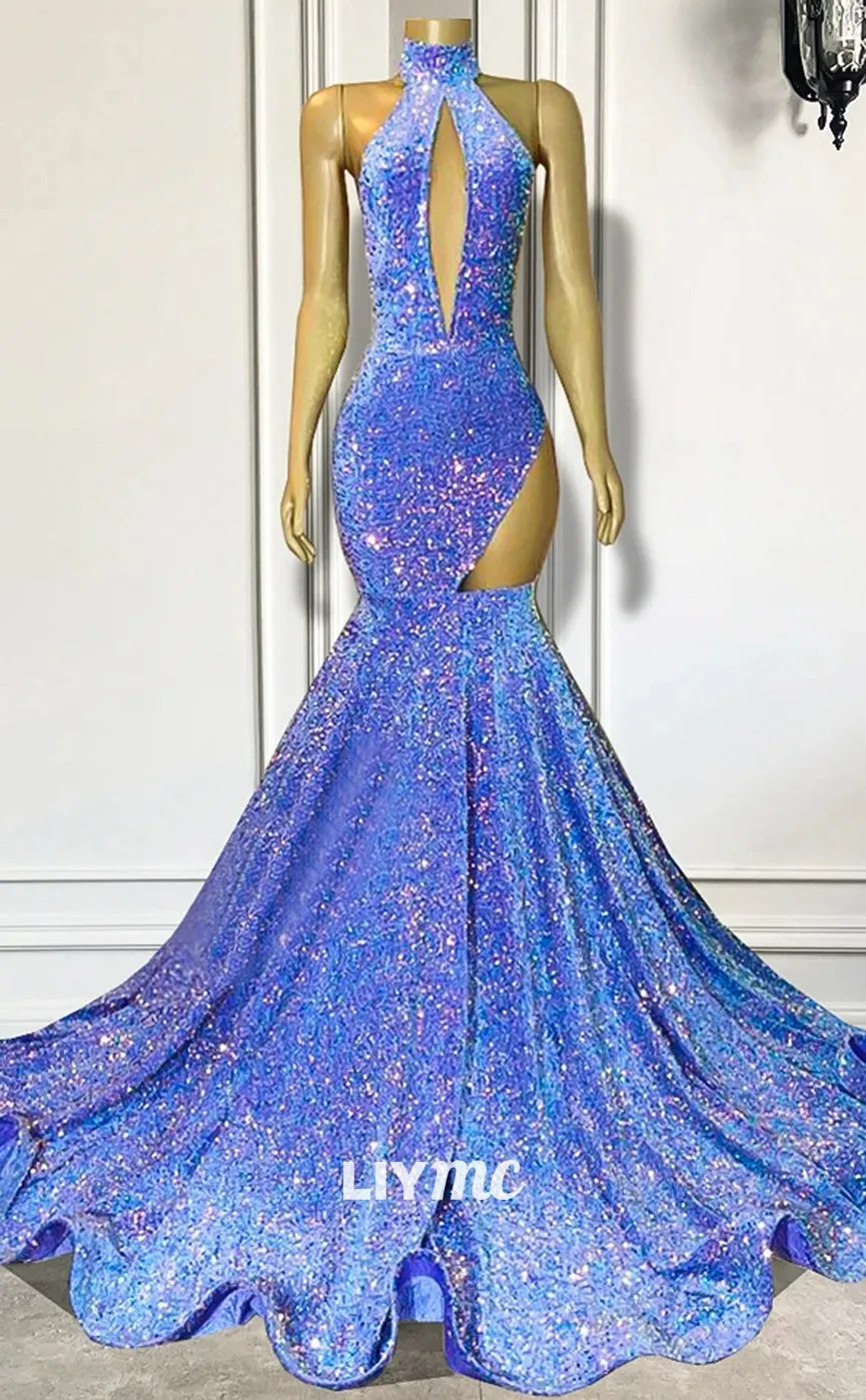 LP1434 - Halter Sleeveless Cut Outs Sequins Sparkly Mermaid Prom Dress for Black Girls Slay