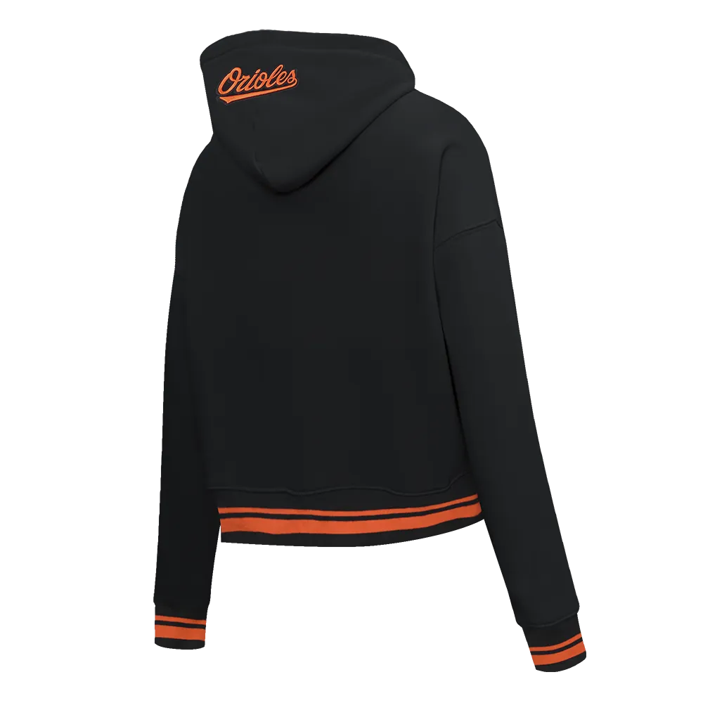 MLB BALTIMORE ORIOLES SCRIPT TAIL WOMEN'S RIB FLC CROPPED PO HOODIE (BLACK/ORANGE)