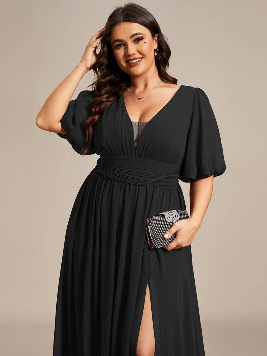 Plus Size V-Neck Front Slit Chiffon Evening Dress