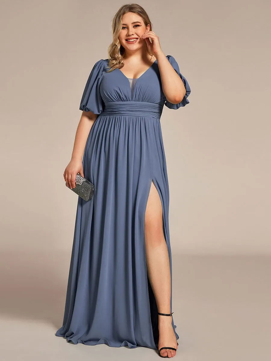 Plus Size V-Neck Front Slit Chiffon Evening Dress