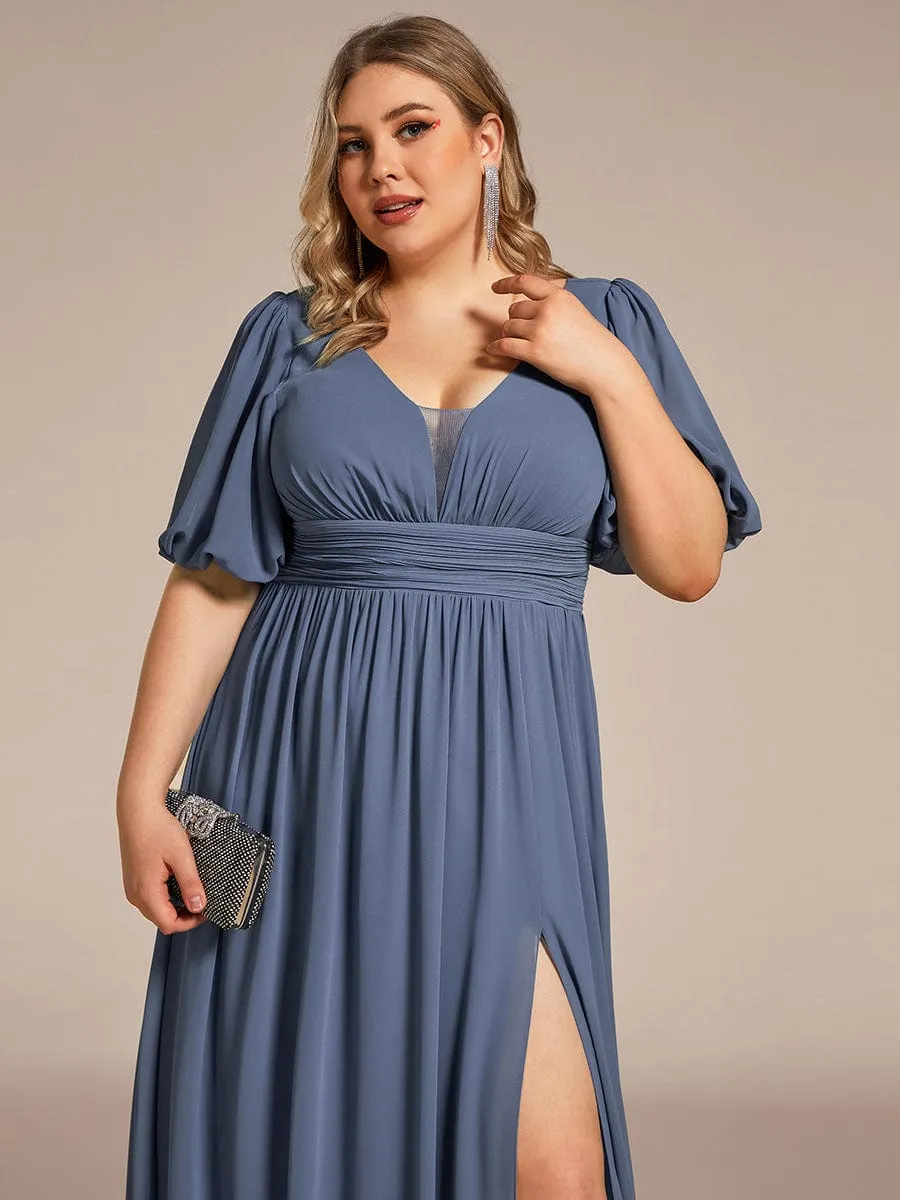 Plus Size V-Neck Front Slit Chiffon Evening Dress