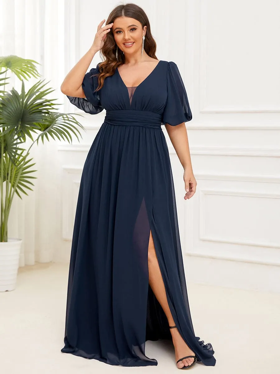 Plus Size V-Neck Front Slit Chiffon Evening Dress