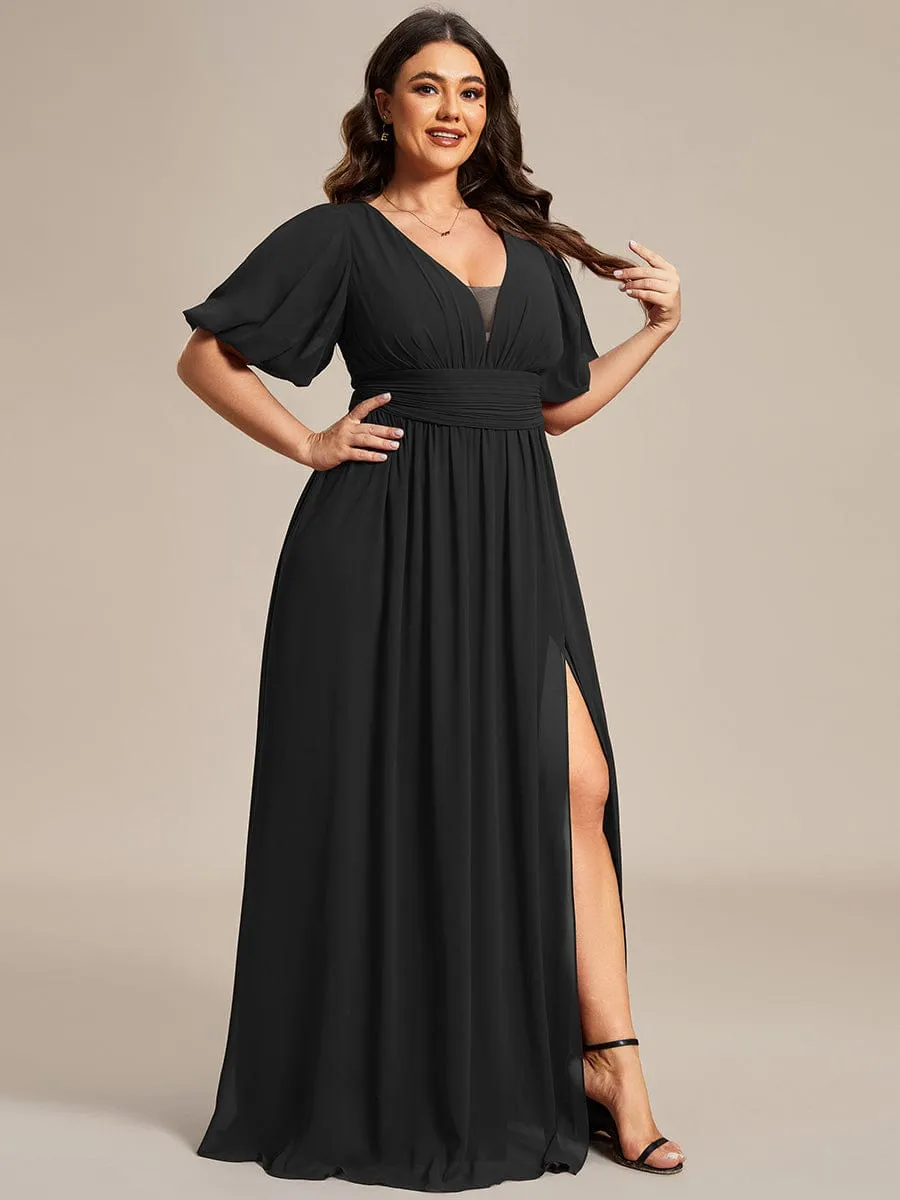 Plus Size V-Neck Front Slit Chiffon Evening Dress