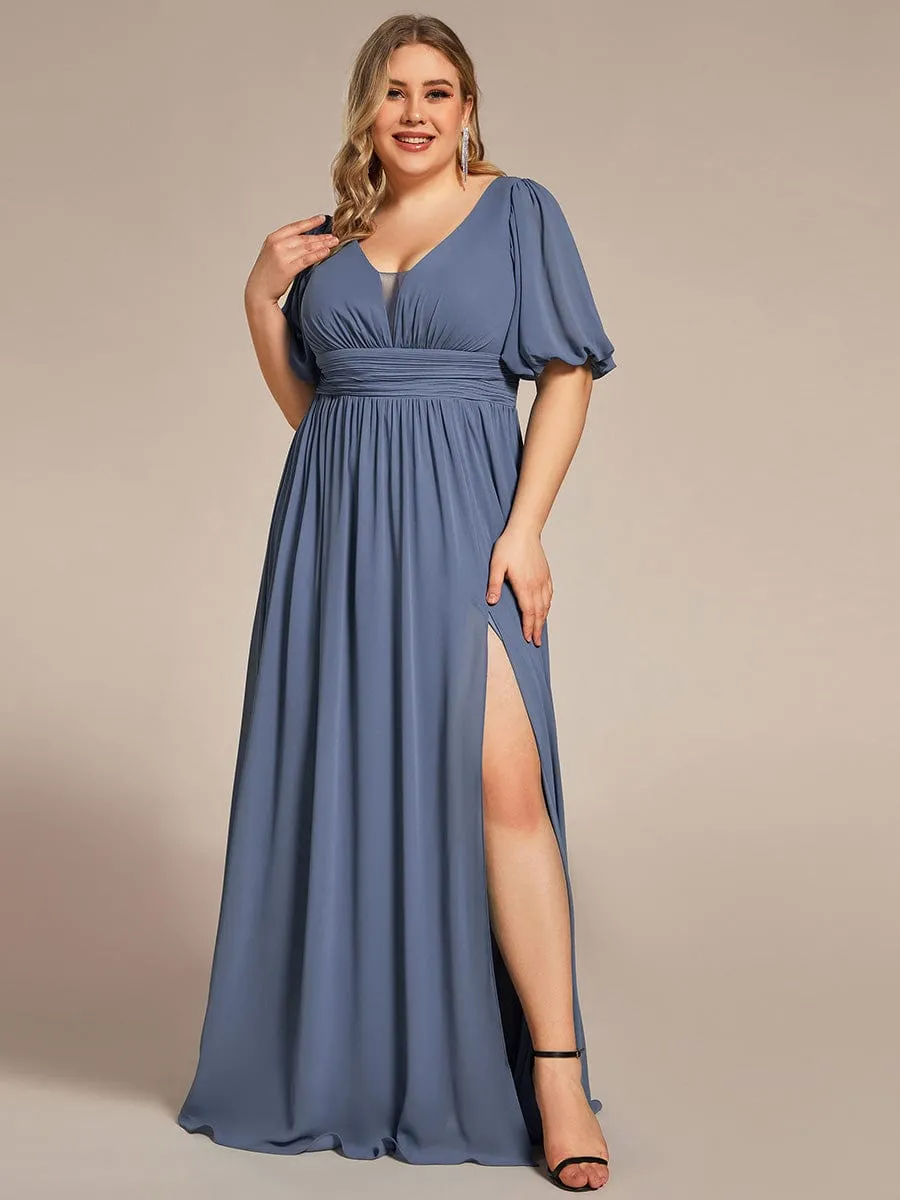 Plus Size V-Neck Front Slit Chiffon Evening Dress