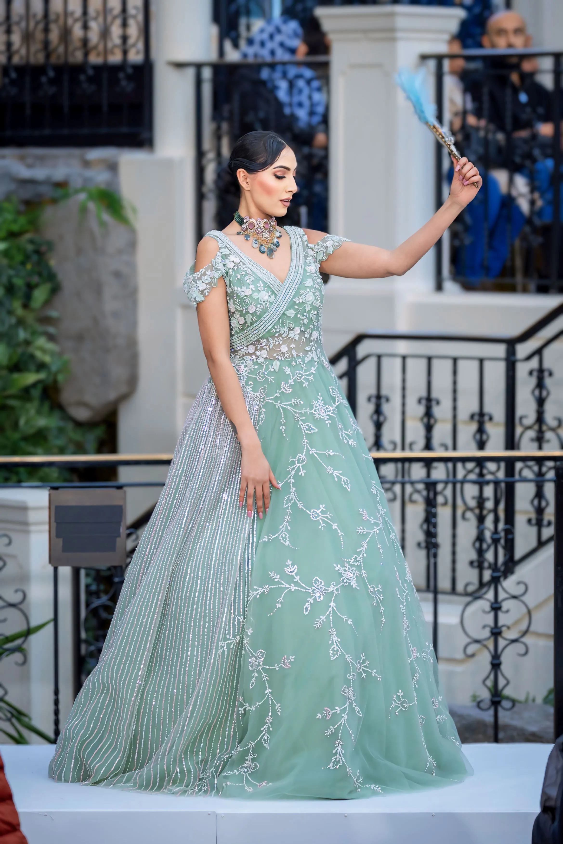 Shimmering Mint Green & Pink Reception Gown