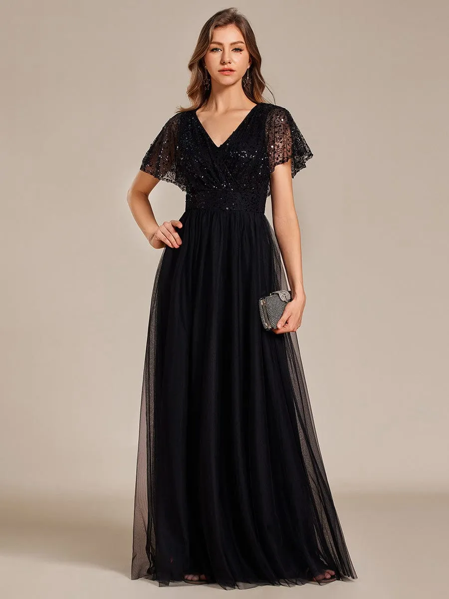 Sparkly Sequin A-Line V-Neck Tulle Formal Evening Dress