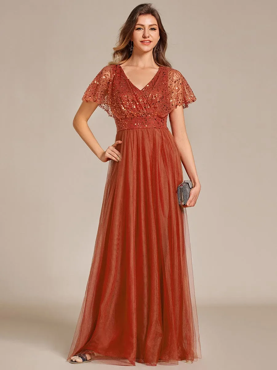 Sparkly Sequin A-Line V-Neck Tulle Formal Evening Dress