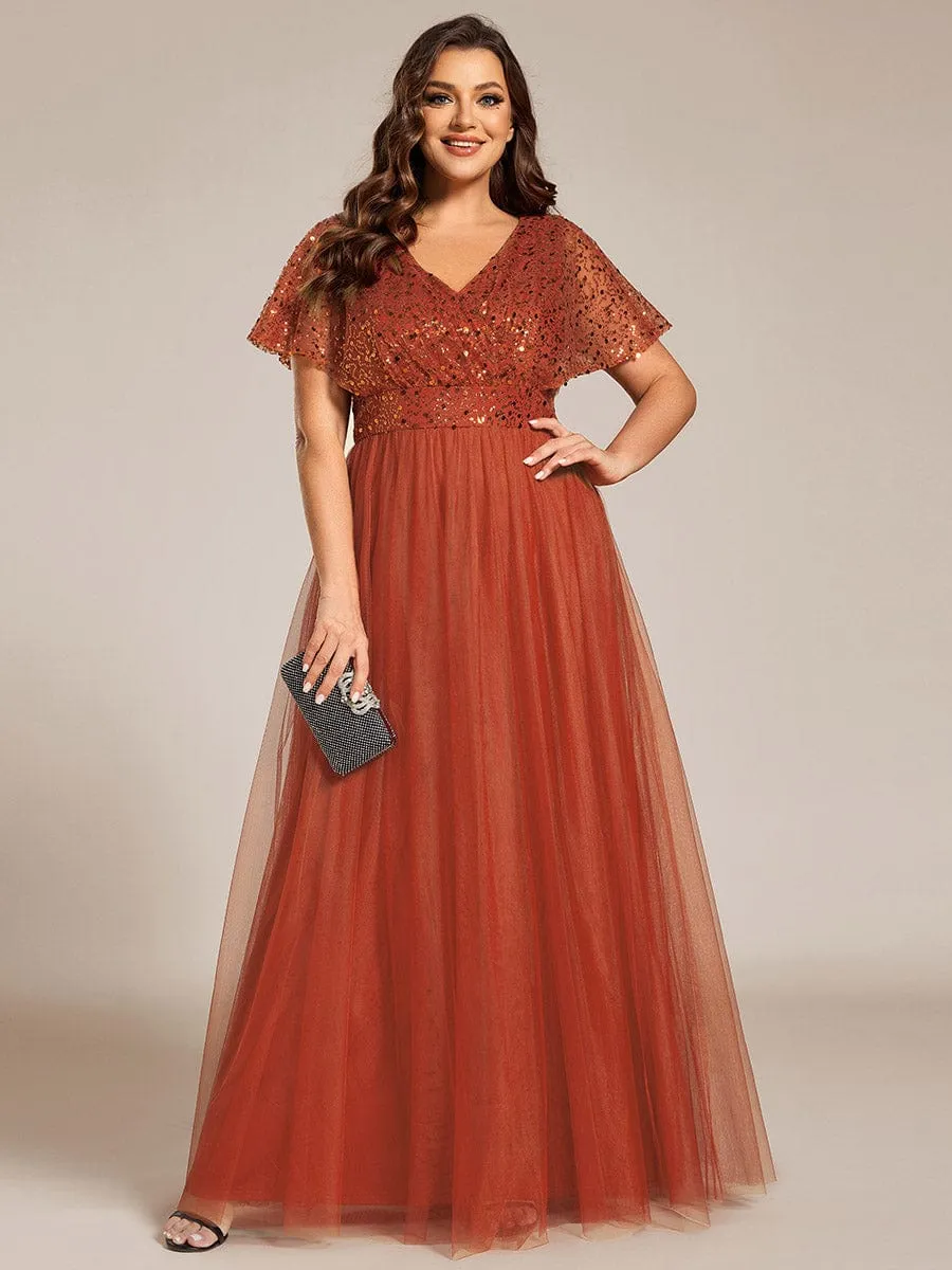 Sparkly Sequin A-Line V-Neck Tulle Formal Evening Dress