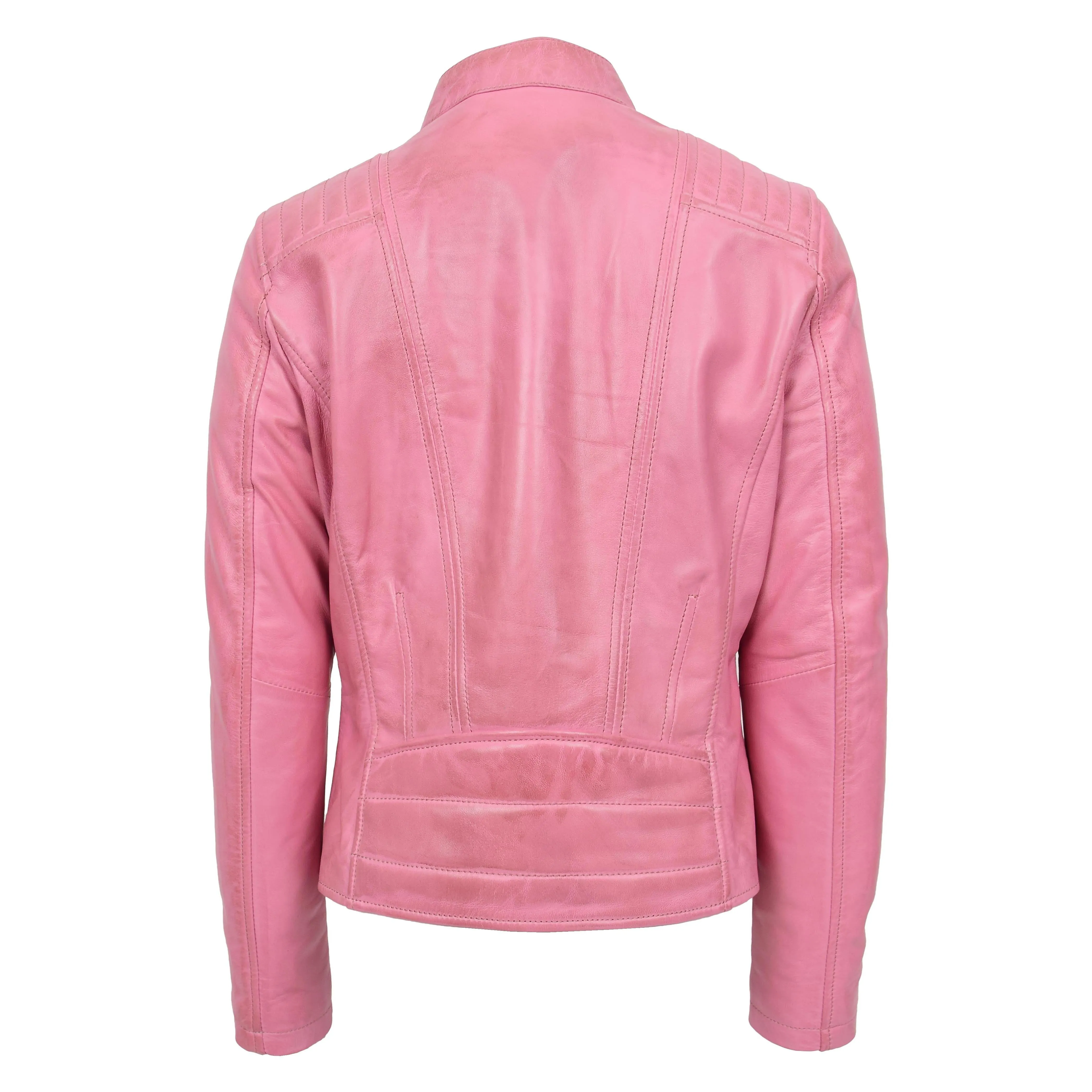 Womens Soft Leather Jacket Baby Pink Casual Fitted Trendy Biker Style Jadie