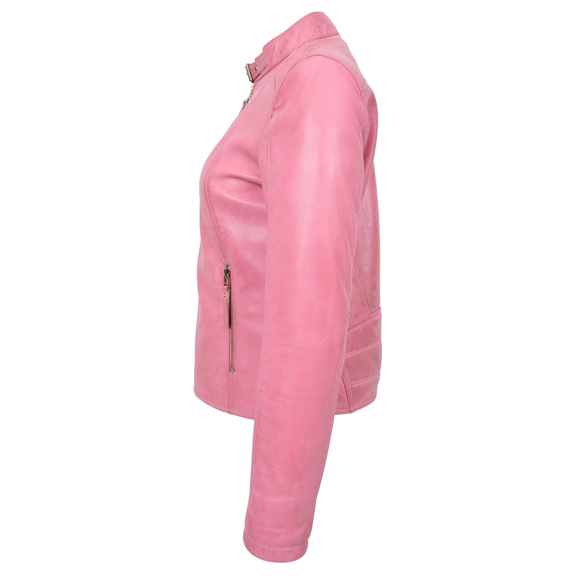 Womens Soft Leather Jacket Baby Pink Casual Fitted Trendy Biker Style Jadie