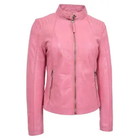 Womens Soft Leather Jacket Baby Pink Casual Fitted Trendy Biker Style Jadie