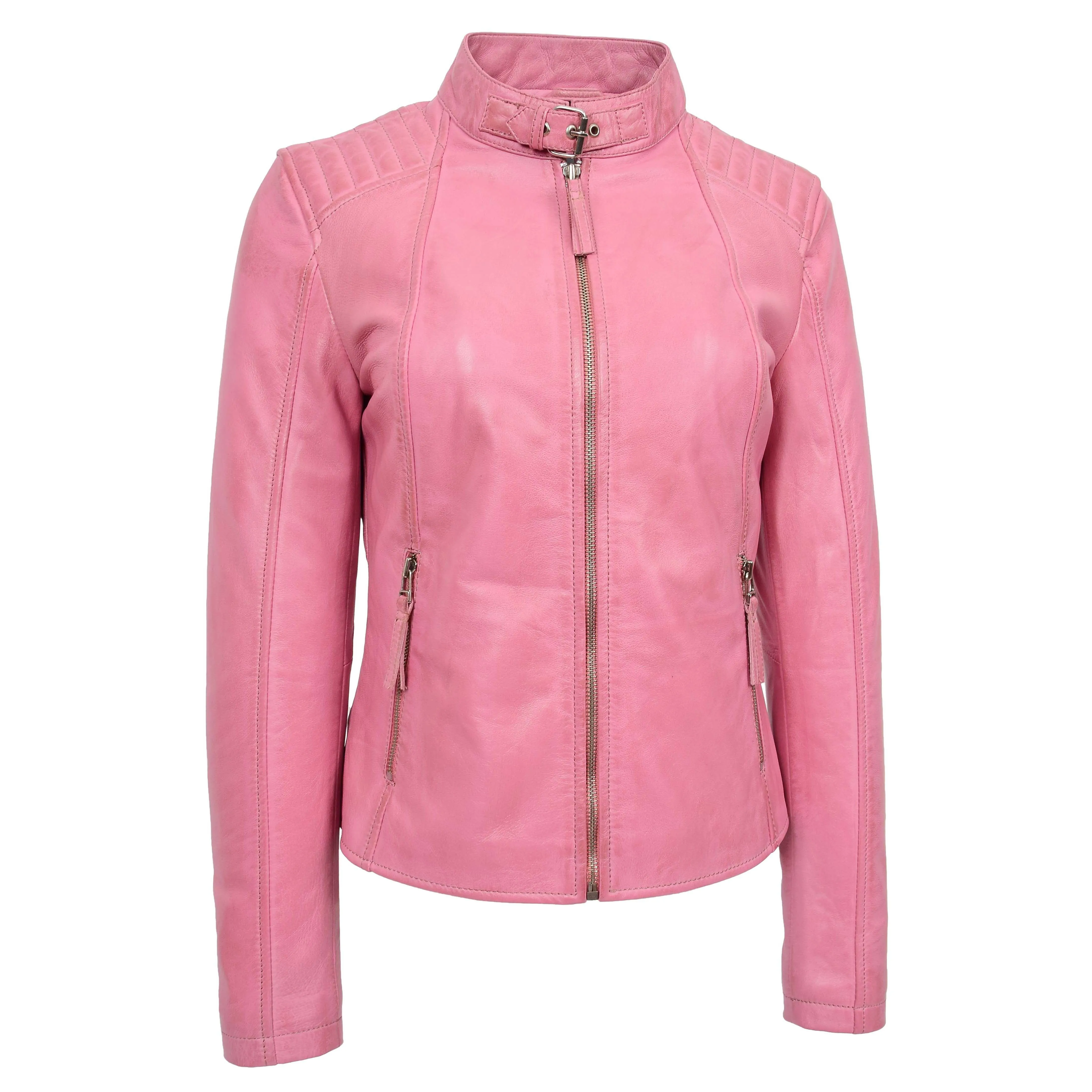 Womens Soft Leather Jacket Baby Pink Casual Fitted Trendy Biker Style Jadie